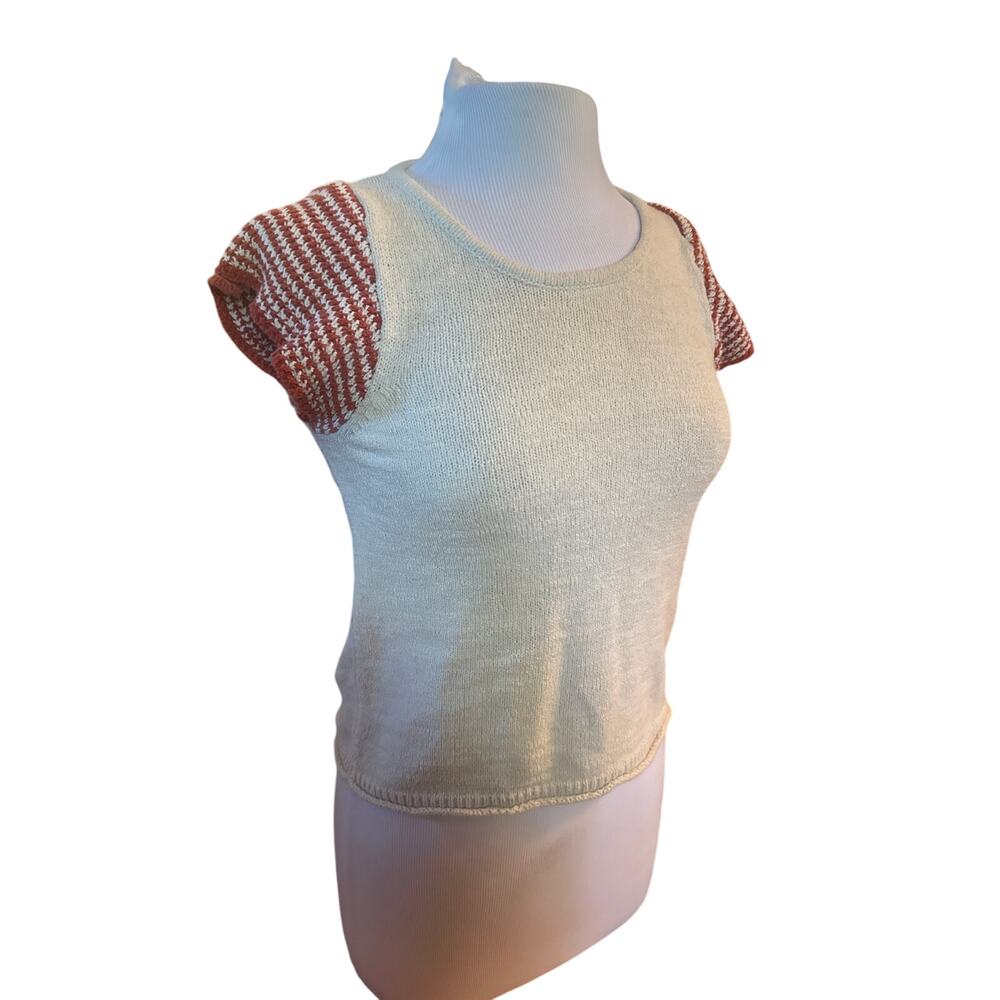 Women XS Madewell AI213 Kimble Stripe-Sleeve Sweater Antique Cream Short Slv Top